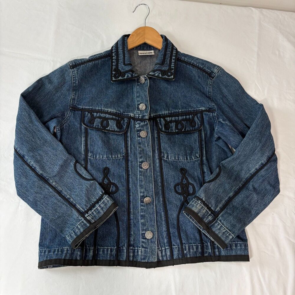 Vintage Chico's Design Women's Cord Trim Denim Statement Jacket Size 2 / Medium